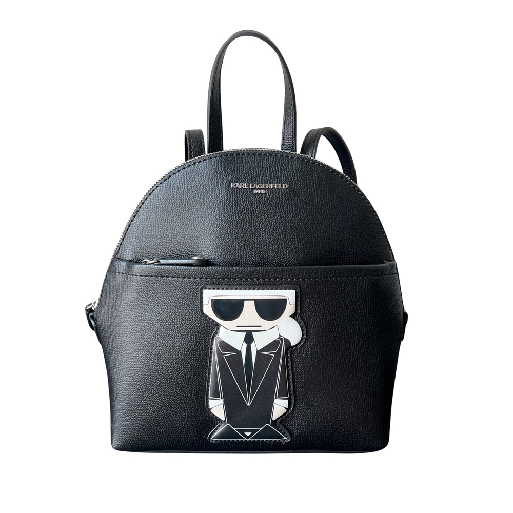 Karl Lagerfeld Black Leather Backpack with Iconic Graphic